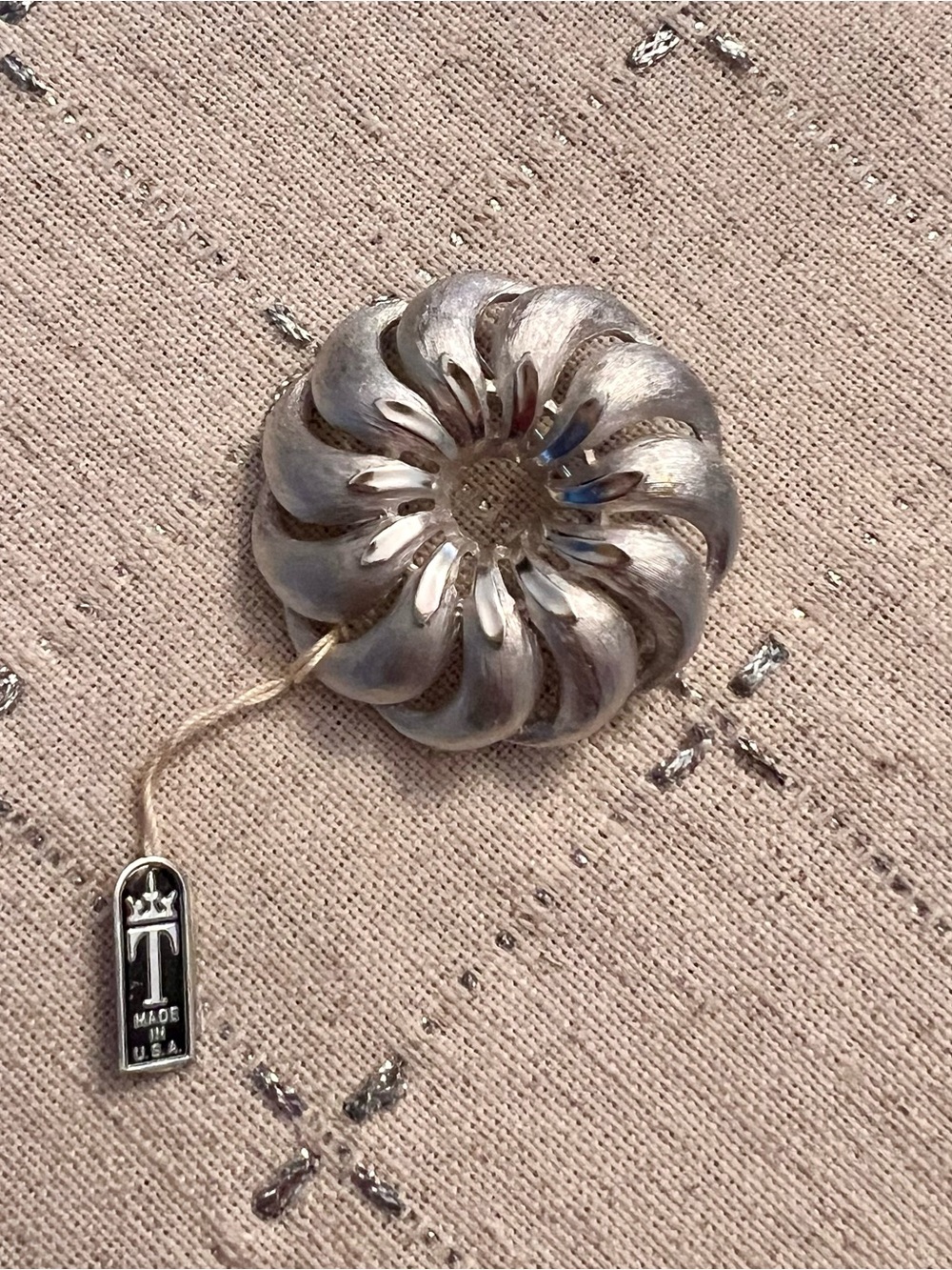 Trifari Crown Over T Silver Tone Pinwheel Brooch